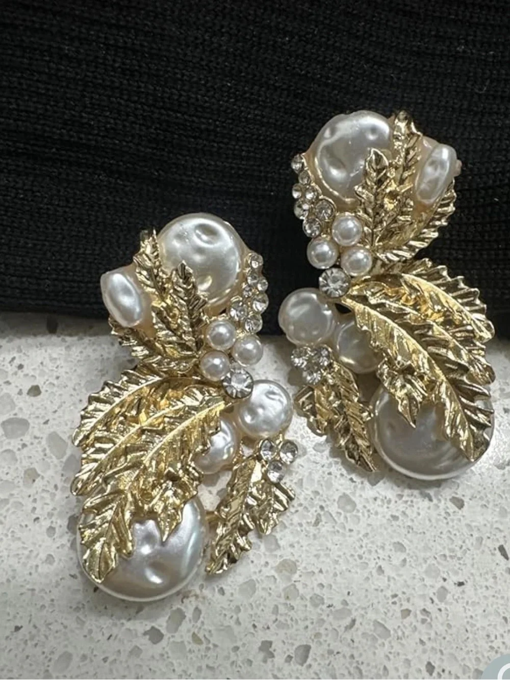 Gold Pearl Leaf Statement Earrings | Vintage Botanical Crystal Drop Earrings